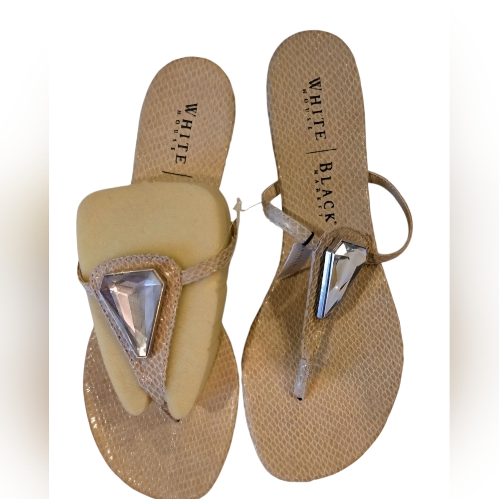 White House Black Market Women's Tan Sandals with Beautiful Crystal Jewel Accent